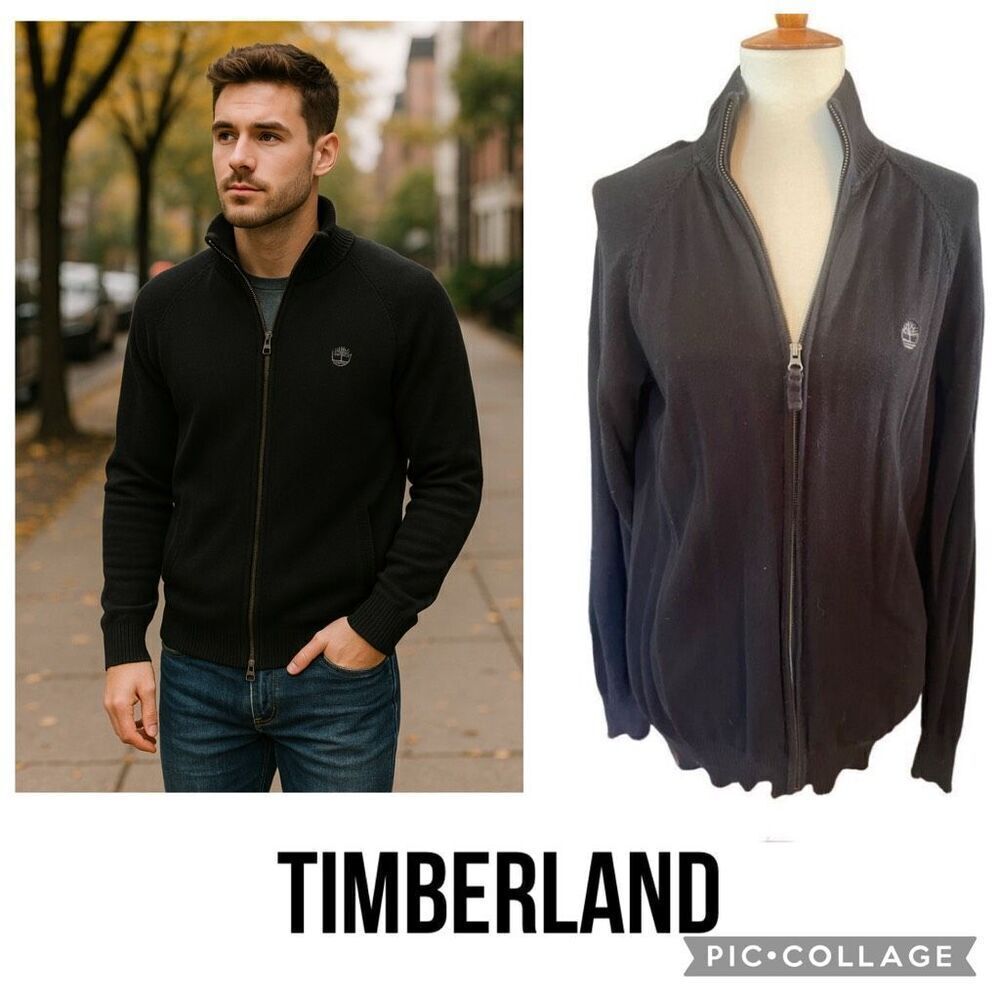 Timberland Men’s Small Full Zip/Mock Collar Regular Fit Cotton Sweater – Black